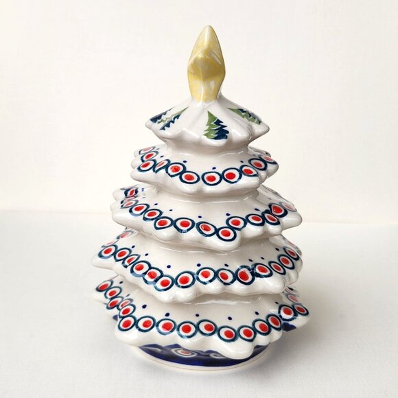Boleslawiec Polish Pottery Peacock Pattern Christmas Tree w/Star Figurine Statue - Picture 4 of 6